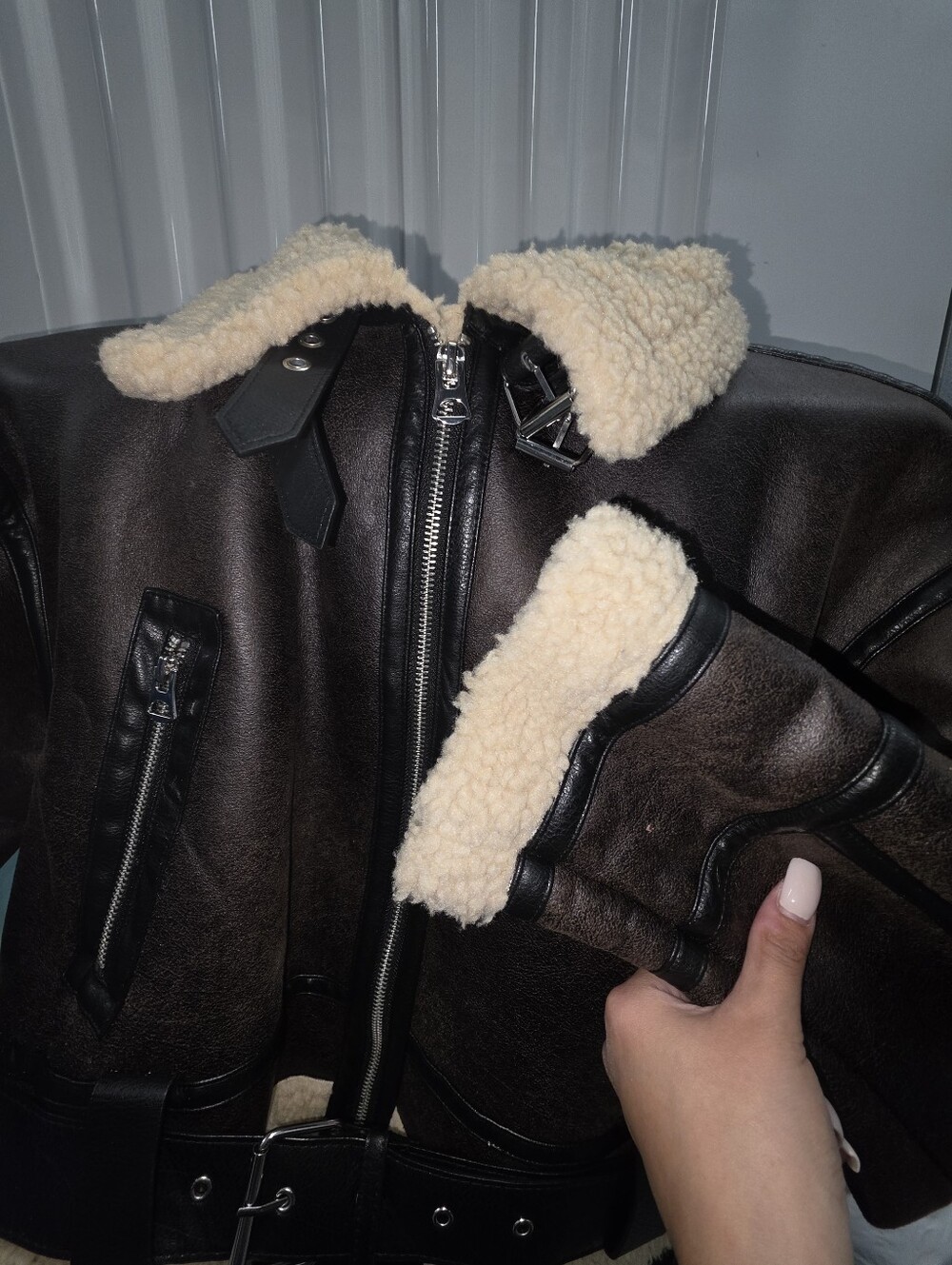 Zara Dark Brown Shearling-Trim Leather Aviator Jacket - Picture 4 of 8